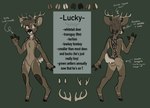 anthro antlers brown_body brown_eyes brown_fur brown_hair butt chest_tuft featureless_crotch front_view fur glistening glistening_eyes green_background hair horn male markings mouth_closed no_pupils nude rear_view simple_background solo spots spotted_body spotted_fur spotted_legs spotted_shoulders standing text tuft bucklucky lucky_(bucklucky) deer mammal new_world_deer white-tailed_deer english_text model_sheet trans_(lore) trans_man_(lore)