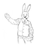 5_fingers anthro bottomwear clothing fanny_pack fingers happy looking_at_viewer male name_tag one_eye_closed open_mouth pants raised_arm shirt simple_background solo topwear vest white_background wink winking_at_viewer squidly nintendo nintendo_badge_arcade arcade_bunny lagomorph leporid mammal rabbit 2024 english_description hi_res monochrome