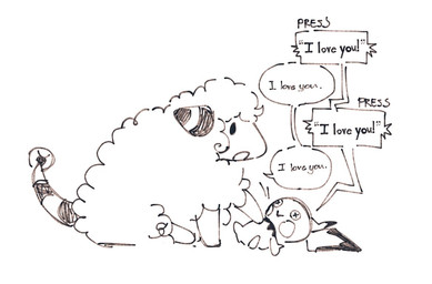 button_(fastener) button_eyes dialogue feral fur male open_mouth plushie pressing pressing_button simple_background solo speech_bubble tail tail_orb text toony_eyes toy voice_box white_background wool_(fur) freyrkkuma nintendo pokemon almond_(freyrkkuma) bovid caprine generation_2_pokemon mammal mareep mouse murid murine pichu pokemon_(species) rodent sheep black_and_white english_text monochrome