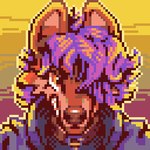 ambiguous_gender anthro brown_body brown_fur brown_nose clothed clothing fur grin hair hair_over_eye looking_at_viewer orange_eyes outline purple_hair smile snout solo teeth yellow_outline dyyrlysh hyena mammal 2024 aseprite_(artwork) bust_portrait digital_media_(artwork) icon pixel_(artwork) portrait shaded