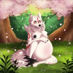 1:1 amaterasu_(okami) anthro anthrofied areola belly big_belly black_areola black_nipples breasts canid canine canis capcom cherry_blossom clover_studio conditional_dnp deity female fur grass hand_on_belly hi_res huge_belly mammal markings mattsykun nature nipples nude okami_(capcom) outdoor_nudity outside plant pregnant pregnant_anthro pregnant_female solo white_body white_fur wolf yellow_eyes