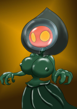 big_breasts breasts claws clothing dress eyelashes female green_body green_skin looking_at_viewer not_furry simple_background solo thick_thighs wide_hips yellow_eyes suraguma flatwoods_monster alien 2017 aliasing digital_media_(artwork)