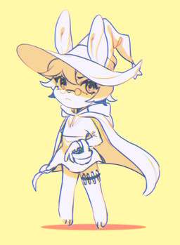 anthro basket bottomwear cape chibi clothed clothing container eyelashes eyewear female flat_chested glasses glistening glistening_eyes hair hat headgear headwear holding_basket holding_container holding_object looking_at_viewer mouth_closed round_glasses shadow simple_background skirt solo unsigned witch_hat yellow_background sonyan lagomorph leporid mammal rabbit full-length_portrait hi_res portrait restricted_palette