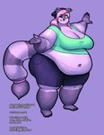 anthro belly big_belly big_breasts blue_clothing blue_shirt blue_topwear breasts cleavage clothed clothing ear_piercing ear_ring eyebrow_through_hair eyebrows facial_piercing fangs fat_arms female fur hair long_hair looking_at_viewer midriff navel navel_piercing nose_piercing nose_ring obese obese_anthro obese_female one_eye_closed overweight overweight_anthro overweight_female piercing pink_hair purple_background purple_body purple_fur ring_piercing shirt simple_background smile solo tail teeth thick_tail thick_thighs topwear translucent translucent_hair noctoon maddison_ringtail domestic_cat felid feline felis hybrid mammal digital_media_(artwork) hi_res trans_(lore) trans_woman_(lore)