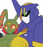 antennae_(anatomy) anthro armor blush compound_eyes duo hair headgear heart_symbol helmet horn horned_helmet male mask meme_pose muscular muscular_anthro muscular_male pecs red_hair spiked_pauldron confeito000_333 bandai_namco digimon arthropod beetlemon digimon_(species) humanoid insect stingmon 2025 digital_drawing_(artwork) digital_media_(artwork) hi_res meme