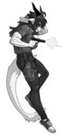 2024 5_fingers absurd_res anthro big_breasts bottomwear breasts chabett clothed clothed_anthro clothed_female clothing digital_media_(artwork) dragon female fingers footwear fully_clothed fully_clothed_anthro fully_clothed_female greyscale gun hair handgun hi_res holding_gun holding_handgun holding_object holding_pistol holding_ranged_weapon holding_weapon horn long_hair long_tail monochrome mythological_creature mythological_scalie mythology open_mouth pants pgm300 pistol ranged_weapon scalie shirt shoes side_view simple_background solo tail topwear weapon white_background