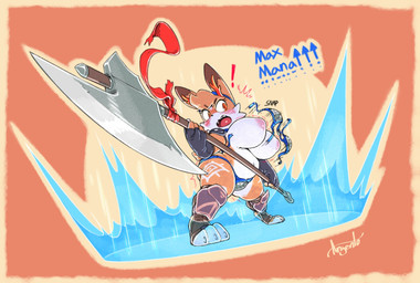 anthro armor axe battle_axe big_breasts breast_expansion breasts cheek_tuft clothing countershade_face countershading dipstick_ears ear_markings exclamation_point expansion facial_tuft fangs female fighting_pose fur fur_markings gameplay_mechanics head_tuft huge_breasts markings multicolored_ears nipples orange_background orange_body orange_eyes orange_fur pose shortstack shortstack_female simple_background solo surprised teeth tuft unconvincing_armor wardrobe_malfunction weapon wide_hips argento atlyss jane_(atlyss) lagomorph leporid mammal poon_(atlyss) rabbit 2025 digital_drawing_(artwork) digital_media_(artwork) hi_res