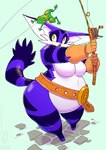 ambiguous_gender anthro belly belt big_belly breasts clothing crossgender duo featureless_breasts female feral fishing_rod fur gloves green_body handwear mostly_nude mtf_crossgender open_mouth orange_body orange_eyes purple_body purple_fur slightly_chubby white_body white_fur yellow_eyes conditional_dnp jollyjack sega sonic_the_hedgehog_(series) big_the_cat froggy_(sonic) amphibian domestic_cat felid feline felis frog mammal 2025