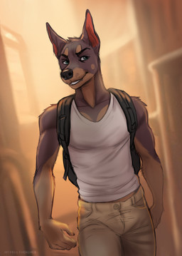 anthro biped bottomwear clothed clothed_anthro clothed_male clothing fingers front_view fully_clothed fully_clothed_anthro fully_clothed_male fur male pants shirt smile solo standing teeth topwear koul canid canine canis domestic_dog mammal 2026 digital_drawing_(artwork) digital_media_(artwork)