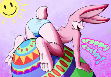 anthro bulge butt clothed clothing egg fur holiday_message holidays male pink_body pink_eyes pink_fur solo sun shiuk easter lagomorph leporid mammal rabbit