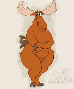 anthro antlers big_butt brown_body brown_fur butt crossed_legs female female_anthro floating_eyebrows fur hooves horn mismatched_sexual_dimorphism nude nude_anthro nude_female shy simple_background slightly_chubby smile solo tail tail_motion tailwag tan_antlers thick_thighs toony wide_hips red_breadd cartoon_network johnny_bravo_(series) becky_(johnny_bravo) deer mammal moose new_world_deer 5:6 absurd_res digital_drawing_(artwork) digital_media_(artwork) english_description hi_res