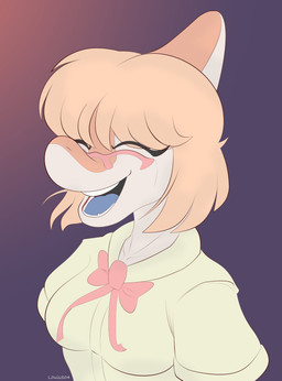 anthro biped blonde_hair bone_frill bow_tie breasts clothed clothed_anthro clothed_female clothing eyes_closed eyewear female frill_(anatomy) front_view glasses gradient_background hair laugh medium_breasts medium_hair non-mammal_breasts open_mouth open_smile orange_body pink_bow_tie simple_background smile solo tan_clothing tan_shirt tan_topwear text topwear white_body louiss. goodbye_volcano_high ko_op_(game_developer) naomi_(gvh) dinosaur hadrosaurid ornithischian ornithopod parasaurolophus prehistoric_species reptile scalie 2025 absurd_res artist_name colored half-length_portrait hi_res portrait