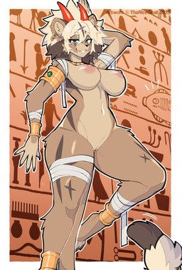 5_fingers anthro areola biped breasts brown_body brown_fur female fingers front_view fur genitals green_eyes hair horn looking_at_viewer navel nipples nude nude_anthro nude_female small_waist smile solo standing thick_thighs vulva wide_hips thericegoat felid lion mammal pantherine absurd_res hi_res