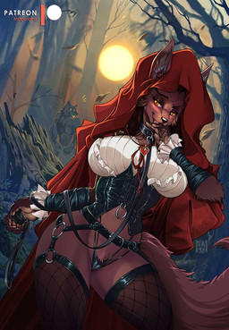 alcohol anthro beverage black_nose breasts brown_body brown_fur clothed clothed_anthro clothed_female clothing collar container corset duo female fishnet_stockings forest fur hood leash lingerie male male/female night outside plant small_waist solo solo_focus thick_thighs thong topwear tree underwear wide_hips magolobo fairy_tales little_red_riding_hood_(copyright) big_bad_wolf little_red_riding_hood canid canine canis mammal wolf hi_res