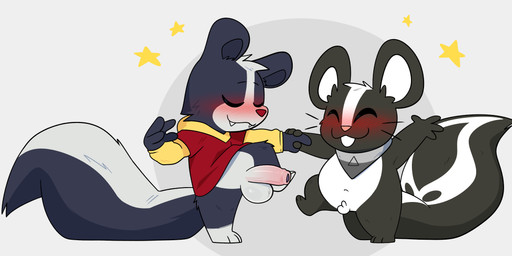 black_white_fur blush buckteeth dancing eyes_closed fangs foreskin fur genitals humanoid_genitalia humanoid_penis multicolored_body multicolored_fur penis raised_leg scarf skunk_tail small_penis teeth two_tone_body two_tone_fur whiskers crushpepper oxynard pepper_(crushpepper) pepper_(crushpepper)_(skunk_form) mammal mephitid skunk absurd_res hi_res tagme