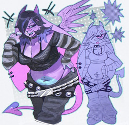 2_horns accessory anthro arm_warmers armwear band-aid band-aid_on_face bandage bandage_on_face bangs belly belt black_bottomwear black_bra black_clothing black_crop_top black_hair black_pants black_shirt black_thong black_topwear black_underwear blue_belly body_hair bottomwear bra bra_strap breasts cheek_tuft chibi cleavage clothed clothing collar crop_top cross digit_ring ear_piercing emanata eyelashes eyeliner facial_piercing facial_tuft fangs feathered_wings feathers female finger_ring fingerless_armwear fur gesture hair hair_accessory hair_over_eye hairclip half-closed_eyes hand_gesture hand_on_hip happy_trail heart_spade_tail helix_piercing highlights_(coloring) horn jewelry lace_bra lip_piercing lip_ring long_eyelashes loose_belt makeup mascara medium_breasts midriff mole_under_eye multiple_belts multiple_expressions multiple_poses narrowed_eyes navel navel_piercing navel_ring oversized_bottomwear oversized_clothing oversized_pants pants pattern_arm_warmers pattern_armwear pattern_background pattern_clothing pattern_shirt pattern_topwear piercing pointing pointing_at_self pose pubes purple_body purple_fur purple_highlights purple_wings rabbit_ears ring_piercing shirt simple_background slightly_chubby slightly_chubby_anthro slightly_chubby_female small_waist smile smirk solo spade_tail spiked_collar spikes striped_arm_warmers striped_armwear striped_clothing stripes studded_belt studs tail teeth thong thong_straps three-quarter_view topwear tuft underwear white_background wide_hips wings y_nose wolfertinger salem_(wolfertinger) demon lagomorph leporid mammal rabbit 2024 cel_shading full-length_portrait portrait shaded three-quarter_portrait trans_(lore) trans_man_(lore)
