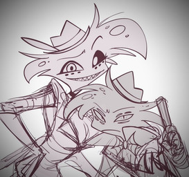 anthro bow_tie clothing collar duo freckles fur fur_markings gloves gun handwear headgear headwear legwear male markings multi_eye multi_limb on_lap ranged_weapon simple_background size_difference suit weapon dustzm134 hazbin_hotel hellaverse angel_dust arackniss_(hazbin_hotel) animal_humanoid arachnid arachnid_humanoid arthropod arthropod_humanoid demon human humanoid mammal sketch unavailable_at_source unfinished brother_(lore) brothers_(lore) sibling_(lore)