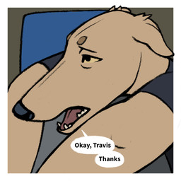ambiguous_gender anthro black_clothing black_nose black_shirt black_t-shirt black_topwear border clothing dialogue ears_back fur outside_border pivoted_ears shirt simple_background solo speech_bubble t-shirt tan_body tan_fur teeth_showing text topwear white_border yellow_eyes oystr lily_(oystr) canid canine canis domestic_dog hunting_dog mammal sighthound 1:1 english_text hi_res female_(lore)