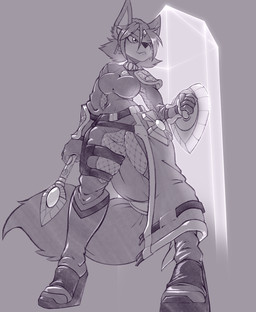 accessory anthro beads belt big_breasts boots breasts choker circlet clothing eyebrows eyelashes featureless_crotch female fishnet_clothing footwear hair hair_accessory hair_beads jewelry necklace shield shoes solo staff thick_thighs wide_hips gluepaw nintendo star_fox krystal_(star_fox) canid canine fox mammal 2026 hi_res monochrome sketch