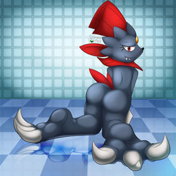 3_toes ambiguous_gender anthro butt checkered checkered_floor claws feathers feet foot_fetish forehead_gem gem grey_body kneeling looking_at_viewer looking_back looking_back_at_viewer narrowed_eyes nude nude_ambiguous nude_anthro red_body red_eyes red_tail_feathers reflection reflective_floor smile snaggle_teeth solo tail tail_feathers text tile tile_wall toe_claws toes wall_(structure) domedvortex nintendo pokemon generation_4_pokemon pokemon_(species) weavile 1:1 artist_name hi_res