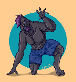 anthro black_body clothing facial_hair grumpy hair kneeling male purple_hair sharp_teeth simple_background solo swimming_trunks swimwear teeth yellow_eyes slydollis canid canine canis domestic_dog mammal pit_bull absurd_res hi_res