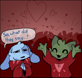 ambiguous_anthro ambiguous_gender anthro black_border blue_body blue_fur border cheek_tuft dialogue facial_tuft fur green_body green_fur head_tuft heart_symbol long_ears silhouette speech_bubble text tuft crow-ig cult_of_the_lamb massive_monster_(studio) domestic_cat felid feline felis lagomorph leporid mammal rabbit 2025 english_text