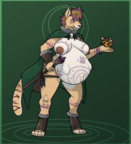 anthro areola belly big_belly big_breasts bracelet breasts brown_hair cloak clothed clothing digitigrade druid female fetal_movement fur green_cloak green_clothing green_eyes hair humanoid_hands jewelry magic_user medium_hair nipples pink_areola pink_nipples pregnant pregnant_anthro pregnant_female purple_hair_tips solo standing topless topless_anthro topless_female tribal_spellcaster yellow_body yellow_fur bastiel mayternity mayternity_2026 arthropod butterfly insect lepidopteran sabertooth_feline 2026 digital_drawing_(artwork) digital_media_(artwork) english_description hi_res