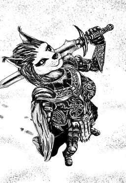 anthro armor blade female knight solo warrior feed-of-mater bethesda_game_studios microsoft skyrim the_elder_scrolls felid khajiit mammal absurd_res black_and_white hi_res monochrome
