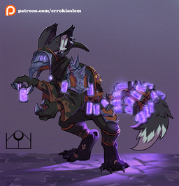 alchemist armor clothing drugs ear_piercing ear_tuft gloves handwear holding_object male mask metal_claws piercing potion_bottle simple_background solo three-quarter_view tuft wearing_mask errokioslem blizzard_entertainment warcraft canid mammal vulpera full-length_portrait hi_res portrait