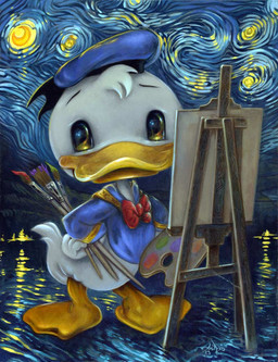 anthro beak brush canvas clothed clothing easel eyebrows feathers hat headgear headwear looking_at_viewer male paintbrush solo tail white_body jasmine_becket-griffith disney the_starry_night donald_duck anatid anseriform avian bird duck 2025 dated inspired_by_formal_art official_art painting_(artwork) traditional_media_(artwork) traditional_painting_(artwork)