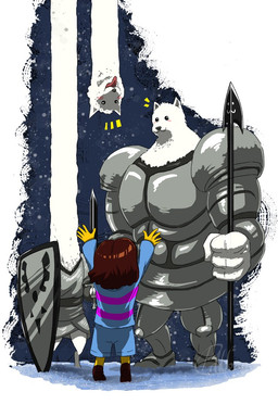4_fingers 5_fingers anthro armor arms_above_head blush bottomwear brown_hair clothing fingers footwear fur group hair holding_melee_weapon holding_object holding_sword holding_weapon long_neck melee_weapon plate_armor polearm reaching shield shoes short_hair shorts size_difference snow spear standing sweater sword tongue tongue_out topwear weapon white_body white_fur pdubbsquared undertale undertale_(series) frisk_(undertale) greater_dog lesser_dog canid canine canis domestic_dog human mammal 2:3 digital_media_(artwork)
