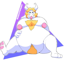 3_toes anthro beard belly big_belly big_moobs blonde_beard blonde_facial_hair blonde_hair chest_tuft cross-eyed eyebrows facial_hair feet fur hair hand_on_belly horn male mature_anthro mature_male moobs narrowed_eyes navel nipples overweight overweight_anthro overweight_male pawpads pink_nipples pink_pawpads simple_background sitting solo thick_thighs toes tongue tongue_out tuft white_body white_fur rookitanuki undertale undertale_(series) asgore_dreemurr bovid caprine goat mammal absurd_res hi_res