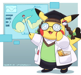 anthro belly big_belly black_body black_bottomwear black_clothing black_footwear black_hat black_headwear black_nose black_pants black_shoes bottomwear brown_hair candy cleft_tail clothed clothing coat cosplay_pikachu_(costume) dessert dipstick_ears dipstick_tail doughnut ear_markings eyewear female fingers food footwear front_view fully_clothed fur glasses green_clothing green_topwear green_vest hair happy hat headgear headwear heart_tail holding_object holding_stick markings multicolored_ears open_clothing open_coat open_mouth open_smile open_topwear pants pastry pen pigtails pokeball presentation raised_tail red_body shirt short smile snaggle_tooth solo standing stick tail tail_markings text topwear vest wearing_glasses white_clothing white_coat white_shirt white_topwear yellow_body yellow_fur nawa nintendo pokemon pikachu_ph._d generation_1_pokemon mammal pikachu pokemon_(species) 2025 dated digital_media_(artwork) full-length_portrait japanese_text portrait shaded signature soft_shading
