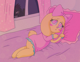 accessory anthro bed blush blush_stickers bodily_fluids bow_ribbon clothed clothing curtains_open dress duo ear_grab eyelashes female fur furniture hair_accessory hair_bow hair_ribbon heart_nose heart_symbol long_eyelashes looking_at_viewer looking_through looking_through_window lying lying_on_bed on_bed on_side pillow pink_clothing pink_curtains pink_dress pink_eyes pink_pillow purple_blanket ribbons sharp_teeth tail tears teeth window yellow_body yellow_fur young young_female saltypupcake dolly's_factory roblox cinnabun_(character) lagomorph leporid mammal rabbit 2026 digital_media_(artwork) hi_res