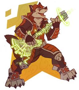 5_fingers abstract_background anthro armor biped black_nose black_tail bottomwear brown_hair cheek_tuft clothed clothing countershading electric_guitar eyebrows eyes_closed facial_tuft fingers fully_clothed fur gloves grey_body grey_fur guitar hair handwear jacket male multicolored_body multicolored_fur musical_instrument open_mouth open_smile pants playing_guitar playing_music plucked_string_instrument short_hair smile solo standing string_instrument tail topwear tuft two_tone_body two_tone_fur whiskers kuma canid canine canis mammal wolf full-length_portrait portrait