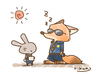 ambiguous_gender angry anthro barefoot bodily_fluids chibi clothed clothing cross-popping_vein dipstick_ears dipstick_tail duo ear_markings eyewear feet hand_in_pocket holding_object inner_ear_fluff male markings multicolored_ears multicolored_tail outside pockets police police_badge police_uniform predator/prey simple_background sleeping sound_effects sun sunglasses sweat sweatdrop tail tail_markings tuft uniform vein vowelless vowelless_sound_effect white_background zzz rikuo_(artist) disney zootopia judy_hopps nick_wilde canid canine fox lagomorph leporid mammal rabbit red_fox true_fox signature