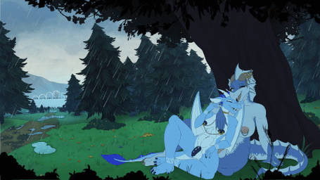 anthro balls big_breasts breasts cuddling detailed_background duo eyes_closed flaccid forest genitals gynomorph horn intersex intersex/intersex jewelry nipple_piercing nipples nude open_mouth outside penis piercing plant raining sitting tail tree wings nootkep mythology elana_(altrue) tahara_(altrue) dragon mythological_creature mythological_scalie scalie 16:9 2d_animation animated digital_media_(artwork) low_res motion_tweening widescreen