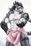 abs anthro athletic biceps big_muscles biped blue_eyes bulge claws clothed clothing fangs flexing fur grey_body grey_fur licking looking_at_viewer male muscular muscular_anthro muscular_male pecs pose solo standing stripes teeth tongue tongue_out topless towel towel_around_waist towel_only dazen_cobalt kazat dazen_(character) felid mammal pantherine tiger 2013 2:3