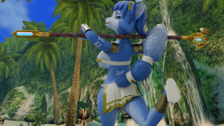 anthro bedroom_eyes female fur krystal's_staff multicolored_body multicolored_fur narrowed_eyes pose raised_leg rear_view seductive solo tribal semioriginalusername nintendo star_fox krystal_(star_fox) canid canine fox mammal 3d_(artwork) blender_(artwork) digital_media_(artwork) pinup