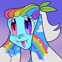 ambiguous_gender anthro blue_face blush cloud_(marking) eyelashes fangs floppy_ears gradient_background hair heterochromia leaf markings multicolored_hair multicolored_markings purple_eyes purple_nose rainbow_hair rainbow_markings red_eyes simple_background smile solo star_(marking) teeth tongue white_hair white_sclera plentyofsoup god_of_kandi_(plentyofsoup) canid canine lagomorph leporid mammal rabbit 1:1 headshot_portrait portrait