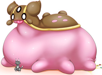 ambiguous_gender anthro anus duo extreme_size_difference feral male pink_body size_difference tongue tongue_out vore_implied bboing nintendo pokemon canid canine domestic_cat felid feline felis fox gastrodon generation_4_pokemon mammal pokemon_(species) west_sea_gastrodon hi_res