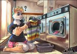 anthro appliance basket black_border border bulge clothed clothing confusion container fur hooves laundromat laundry laundry_machine male panties pink_clothing pink_panties pink_underwear question_mark solo sweater topwear underwear washing_machine cloudyfurr olli_(braeburned) alpaca camelid mammal digital_media_(artwork) digital_painting_(artwork) hi_res