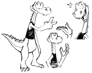 anthro bottomless clothed clothing dorsal_ridge fangs gesture hand_gesture male sharp_teeth shirt simple_background smile solo standing tail tank_top teeth topwear v_sign flookz crocodilian reptile scalie digital_media_(artwork) monochrome