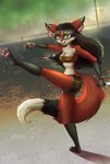 aggressive anthro bandeau beach black_hair bottomwear building clothing eyelashes female gloves green_eyes hair handwear kick knife madness military rebel river seaside shorts solo tomboy tongue topwear training 1ndigocat canid canine fox mammal red_fox true_fox 2020 absurd_res hi_res