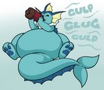 ambiguous_gender belly beverage big_belly blue_body chugging drinking eyes_closed feral inflation liquid_inflation lying on_back soda soda_inflation solo sound_effects tail text pompuffy_(artist) game_freak nintendo pokemon eeveelution generation_1_pokemon pokemon_(species) vaporeon