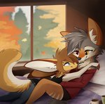 anthro clothed clothing cuddling detailed_background duo eye_contact fully_clothed heterochromia hug looking_at_another smile window aseethe fhyra magenta_(magenta7) canid canine canis fennec_fox fox jackal mammal true_fox 2021 digital_media_(artwork) hi_res