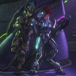 3_fingers 3_toes anthro avian_caruncle battle_rifle battle_rifle_(halo) beak blue_eyes camo digitigrade duo eye_contact feather_hair feathered_crest feathers feet female female_anthro fingers full_armor glowing glowing_eyes gun hand_on_shoulder head_crest holding_gun holding_object holding_ranged_weapon holding_weapon light_body light_skin looking_at_another male male_human marines needler pseudo_hair ranged_weapon red_body red_feathers spurs_(anatomy) toes unsc weapon bravo44 halo_(series) microsoft xbox_game_studios alien avian human kig-yar mammal scalie t'vaoan 1:1 3d_(artwork) colored digital_media_(artwork)