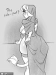 anthro big_butt biped blush breasts butt clothed clothing dialogue female hair looking_back nun solo text thick_thighs lightningwolt amelie_(lightningwolt) bovid bovine cattle mammal english_text greyscale hi_res monochrome