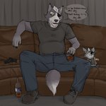 alcohol anthro beverage bottle bottomwear claws clothed clothing container cup denim denim_bottomwear denim_clothing dialogue eye_patch eyebrows eyewear footwear fur furniture glass glass_bottle glass_container glass_cup gun hair handgun inside jeans male muscular muscular_anthro muscular_male on_sofa pants pistol plushie ranged_weapon shirt shoes sitting sofa solo text topwear tuft weapon whiskey casssenpaii a_fox_in_space nintendo star_fox wolf_o'donnell canid canine canis mammal wolf 1:1 2025 english_text hi_res
