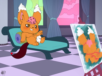 blush convenient_censorship dairy_products food furniture male nude painting_(object) pose presenting smile sofa solo tail whipped_cream nutty_bo nintendo pokemon generation_5_pokemon mammal minccino pokemon_(species) hi_res